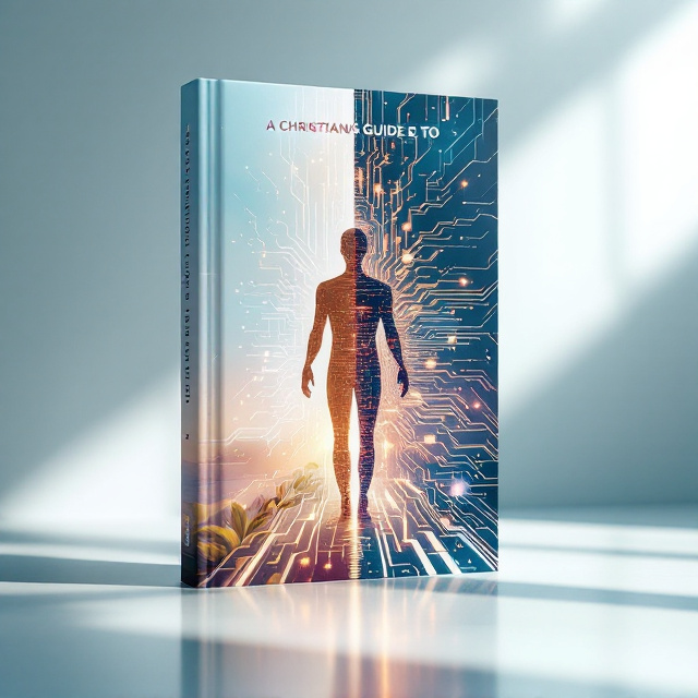 A symmetrical human silhouette stands in the center, divided vertically. The left half portrays flowing natural textures like leaves, soft light beams, or subtle ripples, symbolizing humanity's organic and spiritual essence. The right half is a sleek array of glowing data lines, abstract circuits, and geometric digital shapes, showcasing the digital world. The background transitions from a soft, clear sky gradient on the left to a futuristic, digital grid on the right. The title is placed at the top, radiating a sense of hopeful energy, while the author’s name rests at the bottom in a calming, balanced position.