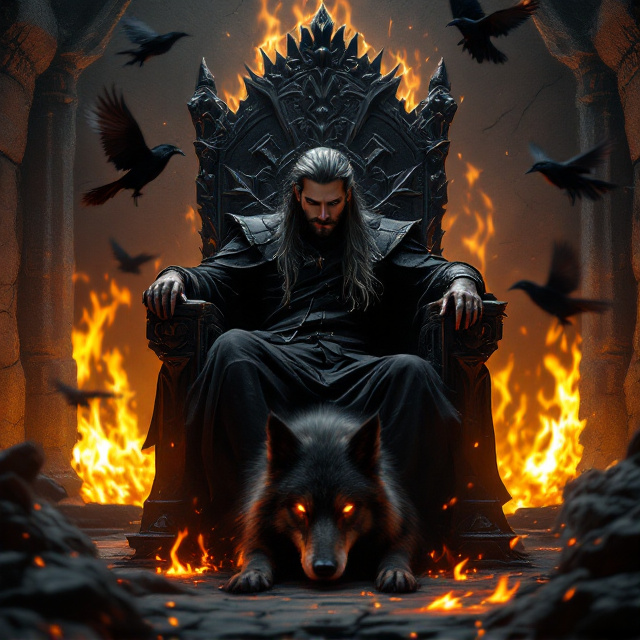 A dark, brooding throne room with cracked stone walls partially illuminated by the glow of intense, swirling fire. The man sits on a grand ebony throne adorned with sharp, angular carvings. He has a stern, contemplative expression as he looks downward, gripping the throne’s armrests with strength and resolve. His long dark hair has streaks of gray, adding to the atmosphere of dark sovereignty. A polished black crown with jagged edges sits on his head, glinting faintly in the firelight. Surrounding him are shadowy ravens perched on the throne and circling above, blending seamlessly into the dim haze. At the foot of the throne, a large, menacing wolf stares directly at the viewer, its eyes glowing dimly, reflecting danger and mystery.