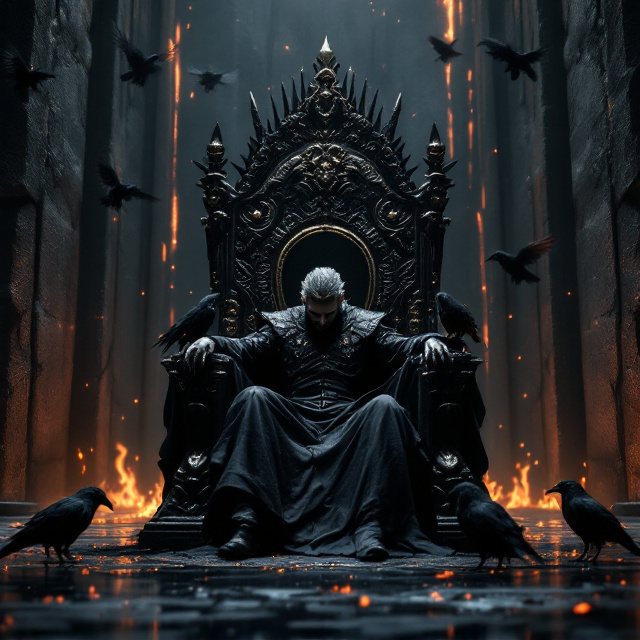 A tall, shadowy throne room with walls of cracked, weathered stone, barely lit by the fiery glow radiating from swirling embers that seem to climb the walls. The grand ebony throne sits in the center of the composition, taking up much of the vertical space. The throne features intricate, sharp-edged carvings and dark metallic highlights. Seated is the somber king, his striking black crown subtly gleaming against the firelight. His resolute grip on the armrests, his gray-streaked hair, and the downward tilt of his head give a haunting and brooding demeanor. Shadowy ravens are scattered around the scene, some perched on the throne’s edges and others mid-flight in the background, blending with dark smoke that unfurls toward the edges of the cover.