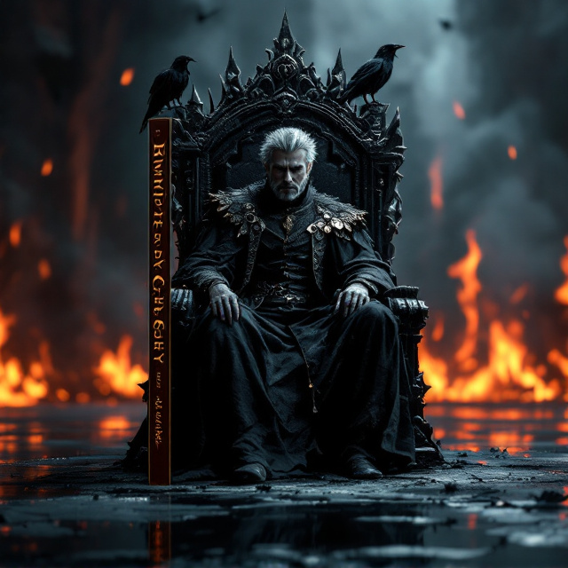 A deeply atmospheric depiction of a dim and ominous throne room. The king, dressed in regal, dark attire with intricate texture, is centered in focus, seated on a grand, ebony throne decorated with sharp, angular carvings. His dark hair with streaks of gray frames his face, shadowed except for the faint orange-red glow of swirling fire in the background, reflecting in his jagged black crown. The stone walls of the throne room are cracked, partially engulfed in creeping flames, revealing a hint of the burning city outside. Shadowy ravens perch menacingly on the throne's armrests and circle subtly in the smoke-filled air above.