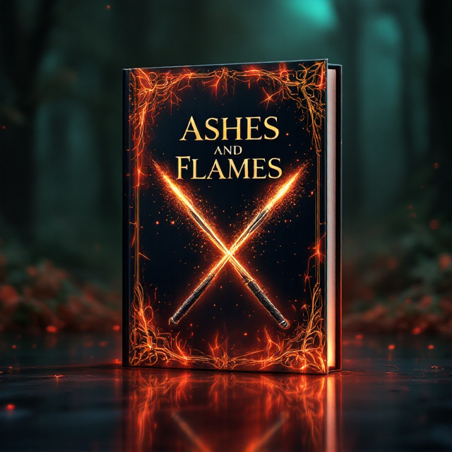A dark forest green and black gradient serves as the background, evoking an eerie forest at twilight. Dark, intricately twisted tree branches and scattered, shadowy leaves frame the edges, creating depth and an ominous mood. Flames in vivid red and orange rise up along the borders and lick towards the center of the cover, where two ominously glowing, enchanted wands—one ivory and one black—cross diagonally, emitting faint, magical sparks. The title, "Ashes and Flames," is set prominently above the crossing wands, with embers drifting upward towards it.