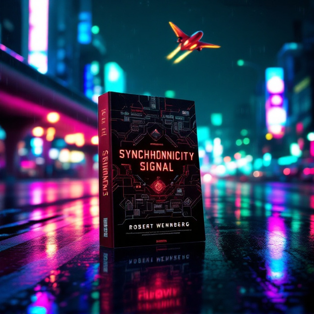 Create a realistic 3D mockup of a standing book titled "Synchronicity Signal" by Robert Wennberg. Design the scene to feature the book prominently, reflecting the story's futuristic, high-tech environment. The book is displayed upright on a dark, reflective, rain-slick surface, resembling a rain-soaked Sukhumvit Road at night. In the mockup, the backdrop comes alive with neon lights glowing in vibrant shades of pink, blue, and green, casting dynamic reflections across the sleek, wet pavement. Above, the elevated Skytrain extends into the distance, establishing a sense of depth. Linn, a striking Swedish-Thai woman with sharp, determined eyes, leans forward on her red Honda XR motorcycle in the background. Her silhouette highlights her prominence in the story, her reflection shimmering on the ground. Ominous drones illuminate the dark sky with their intense searchlights, their presence hinting at danger as they pursue her. High above, a sleek hypersonic plane streaks across a star-dotted sky, leaving behind a delicate contrail as it cuts through the clouds. 

The book cover itself should reflect a high-tech, thrilling aesthetic. The title, "Synchronicity Signal," is designed in a bold, futuristic sans-serif font with a metallic texture, positioned at the top center of the book. "Synchronicity" is slightly larger and stacked above "Signal," emphasizing a dynamic composition. The author's name, "Robert Wennberg," is placed at the bottom center in a clean, modern font with a subtle, glowing blue hue that harmonizes with the neon-lit surroundings.

The book is the focus of the mockup, angled slightly to display its spine and thickness while maintaining a clear view of the cover. The neon storefronts, streaking vehicle lights, and bustling backdrop fill the edges of the scene, immersing the book in a vivid urban-futuristic setting. This mockup should encapsulate the book's energy and atmosphere while making the title and author's name strikingly clear and prominent.