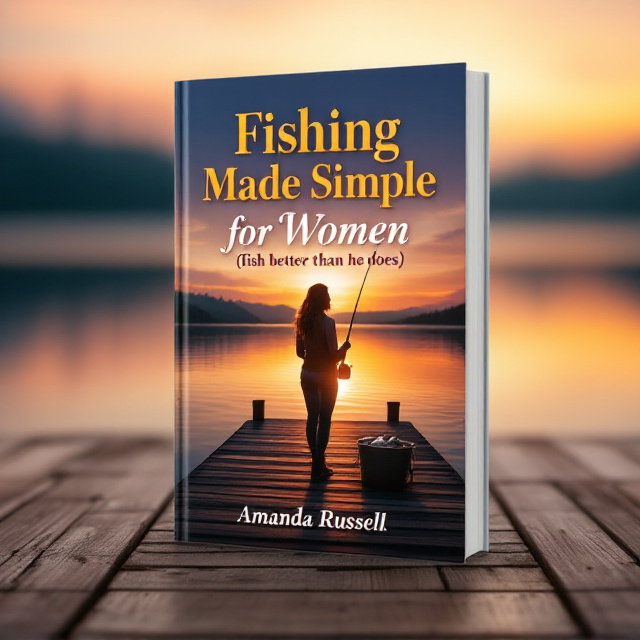 A serene lake bathed in the warm hues of sunrise acts as the backdrop. A confident woman stands on the dock with a fishing rod and tackle box by her side, silhouetted against the rising sun. A bucket with fish is placed prominently next to her on the dock. In the distance, ripples from a recent catch can be seen on the water. The mood is peaceful yet empowering, with soft gradients of orange, purple, and blue blending in the sky and reflecting on the lake.