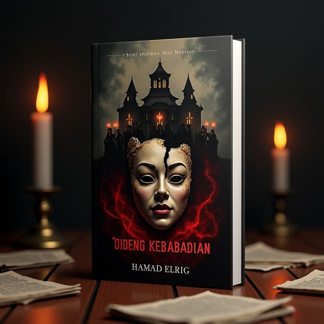 A fragmented, cracked porcelain mask lies at the center of the cover. The fractured top half of the mask reveals two faces—on the left, a young face with ancient, weathered eyes that give a chilling effect, and on the right, a woman with a sinister smirk. Behind the mask, a shadowy colonial mansion looms under eerie cinematic lighting, surrounded by faint silhouettes of cultists holding candles. Wisps of dark red mist drift through, forming a subtle “bloody aura.” The color palette is dominated by dark golds, crimson, and blacks, giving a moody and suspenseful tone.