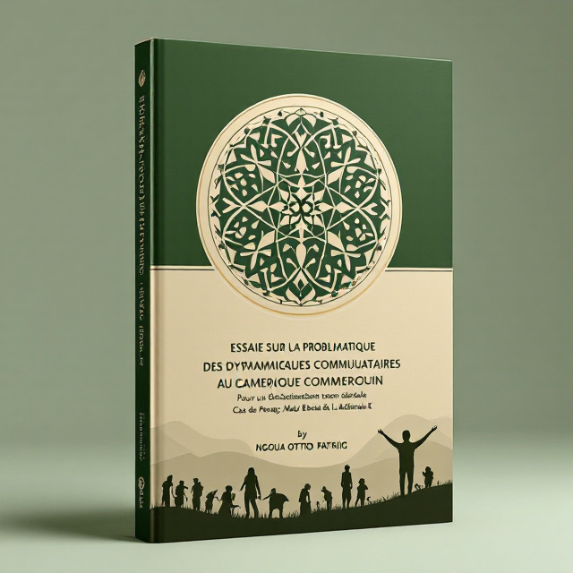 The cover features a minimalist and sophisticated design. A central circular emblem, symbolizing unity and collaboration, contains abstract patterns of interconnected people resembling a community. The background fades from deep green to light beige, representing growth and sustainability. Subtle silhouettes of Fang, Mabi, and Batanga cultural motifs are faintly visible, integrated into the bottom edge of the circle.