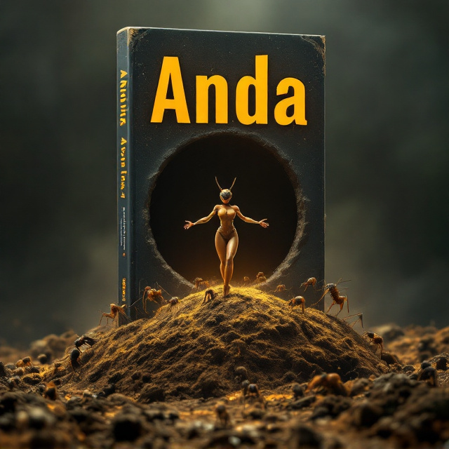 The cover focuses on a dramatic view of the heroic Lasius worker ant in the center foreground, enlarged to dominate the visual focus. She is bold and posed heroically on a mound of soil detailed with an intricate ant nest entrance behind her. Surrounding her at a slightly smaller scale are the friendly Lasius queen on one side and a menacing bull ant queen on the other, both looking directly at the reader. The villainous bull ant queen has darker tones and sharper features, complementing the darker aura around her. Below the central figures, the ground is scattered with ant brood in varying shapes and sizes, helping signify the nest's importance. The background is a mix of earthy textures transitioning into a dimly lit burrow. Subtle shafts of light shine down, creating drama and hinting at a story of courage. Smaller Lasius ants are peppered organically across the scene, adding depth and scale.