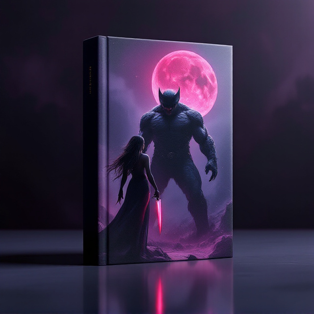 The cover portrays a dark, mystical scene. A vast, ominous, dark purple sky fills most of the background, accented by a prominent blood-red moon placed in the top-right horizon. Below, a striking image of a young, beautiful lady with a curvaceous figure and flowing long hair stands to the left of a massive human-sized Wolverine. She holds an incandescent dagger with a single drop of scarlet blood dripping from its tip, depicted vividly against the intense backdrop. The Wolverine, fierce and massive, is mid-snarl, showcasing parts of its sharp canines while its mouth stays closed. Its dark grey fur is accented by the moonlight, with its onyx-colored eyes glaring with lethal intensity. The silver-colored, spiked mace leans partially hidden behind the Wolverine on its right, adding to the mysterious feel.