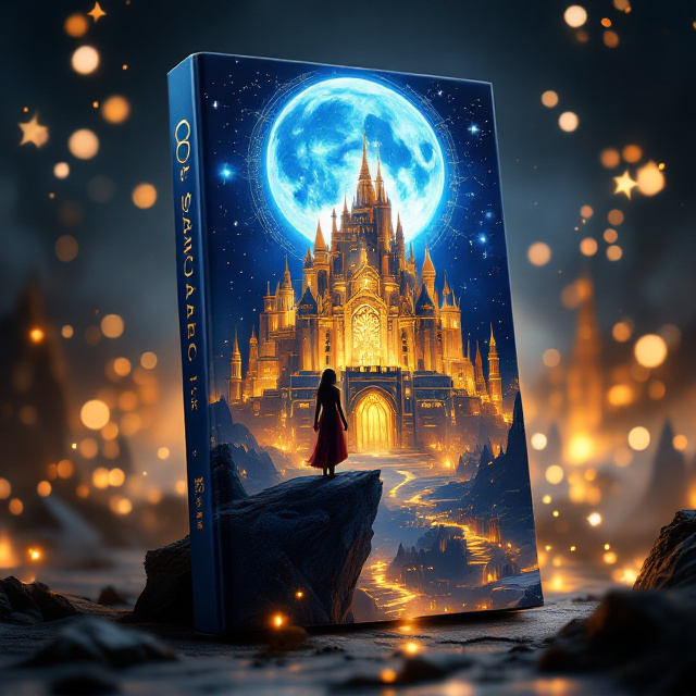 A magical, fantasy-inspired world with a glowing blue moon dominating the upper portion of the cover, surrounded by shimmering stars and constellations. Below, a silhouette of a strong female protagonist stands on a jagged cliff, facing a massive, opulent castle adorned with golden details. The castle is encased in a luminous blue aura, symbolizing power and wealth. Surrounding the castle, faint outlines of an oppressed city with distinct social classes—sprawling shadow-like slums versus towering glittering estates. Splashes of radiant light pierce through the darkened areas, representing the themes of strength and freedom.