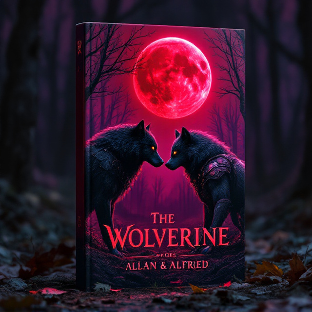 The cover features a dramatic forest clearing under a dark purple sky. A large blood-red moon occupies the top-right corner, casting an eerie red glow on the surroundings. Two massive wolves dominate the foreground, locked in an intense, mid-battle stance. The black-furred wolf, with piercing topaz eyes, faces the dark grey wolf with glowing gold eyes. Both are clad in historical, lightweight armor, their metallic details catching faint red and purple highlights from the moon's glow. The foreground is littered with scattered fallen leaves and faint traces of claw marks on the ground. Shadows from the surrounding trees create a contrasting backdrop, amplifying the tension between the two wolves.