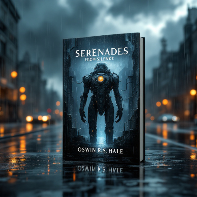The cover features a surreal scene of a rain-soaked, dystopian cityscape with a central unintelligible machine standing as a looming structure shrouded in shadow. The machine, composed of strange pipes and cryptic components, emits a faint, subtle glow from its edges, giving it an eerie aura. Rain falls heavily, blurring parts of the cityscape and reflecting faint lights into wet, reflective puddles. Towering over, dark, brooding clouds dominate the skyline, with fragments of light piercing sporadically.