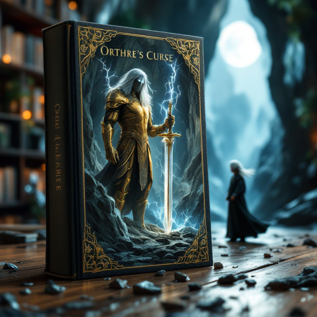 The book cover features an intense scene within a cavernous space. On the left side, the towering figure of the man in golden armor stands imposingly under shadows, his long silver hair illuminated faintly by short bolts of lightning radiating from his godlike, glowing eyes. His humongous sword is held firmly with both hands, the blade reflecting a faint glint of moonlight. The shattered stalagmites litter the foreground, adding a sense of chaos. To the right, closer to the source of bright moonlight streaming through the cave entrance, stands the younger man in his Graco robe, exuding an air of defiance. The wind stirs his flowing silver hair, complementing his confident, sinister gaze. The background, transitioning from darkness to brilliant light, highlights the contrasts of betrayal and confrontation in the story. Stalactites dripping with mystery frame the scene, creating a dramatic yet ethereal mood.