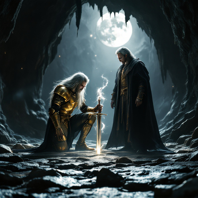 A dimly lit cave interior forms the background, with jagged, shattered stalagmites and shimmering, eerie stalactites hanging from the ceiling. On the left side of the cover, the man in golden historical armor kneels slightly with his humongous sword pointed downward, the blade cracking the rocky ground beneath. His long, ethereal silver hair flows dramatically, almost blending with the darkness around him. On the right, closer to the moonlit cave entrance, the younger man stands confidently, his silver hair illuminated by the vibrant white moonlight streaming through the cave. His sinister grin gleams, reflecting his otherworldly charm, while his thick Graco robe flutters in the invisible wind currents. Between the two figures, a faint, glowing ethereal mist swirls, symbolizing their colliding emotions and energy.