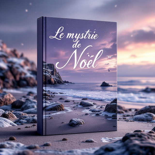 A stunning composition blending wintery beach elements with a serene violet gradient sky. The bottom third of the design depicts a rocky beach during winter, with frothy waves touching the shore, rugged granite Breton houses scattered along the coast, and a small rocky island resting in the distant sea, all bathed in soft, diffused winter light. The top two-thirds are dominated by an expansive violet-toned twilight sky adorned with a few soft clouds and seagulls in motion. The title is placed prominently in the sky, feeling integrated and floating lightly, while the author's name is set at the bottom right in understated elegance.
