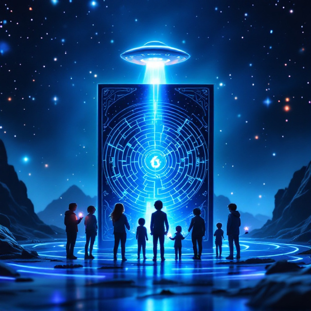 A midnight blue and indigo sky creates a cosmic backdrop, dotted with swirling stars and celestial bodies. In the center, a sleek, glowing UFO hovers over a shimmering, crystal labyrinth. The labyrinth emits an ethereal glow in tones of icy blue and silver, with beams of light cutting through the maze. Silhouetted in the foreground, the six siblings stand in futuristic gear, each holding a glowing crystal device. The mystical walls of the labyrinth are etched with intricate, glowing supernatural symbols, enhancing the sense of mystery and adventure.