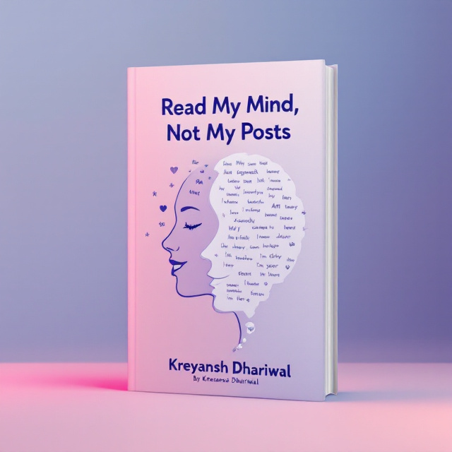 A minimalist design featuring the outlined profile of a teenager’s face, split vertically down the middle. The left side of the face is clean and smiling, surrounded by small, muted indigo social media icons like a ‘heart’ emoji, a ‘like’ icon, and a sparkle emoji. The right side dissolves into a thought bubble filled with scribbled phrases such as "Am I enough?", "Why don’t they see me?", and "I’m tired." The background transitions from blush pink (#FADADD) at the top to soft lavender (#D8C2FF) at the bottom, creating a calming gradient. A soft glow of muted indigo accentuates the profile, emanating upward to symbolize hope. Negative space surrounds the elements to maintain a balanced, breathable look.
