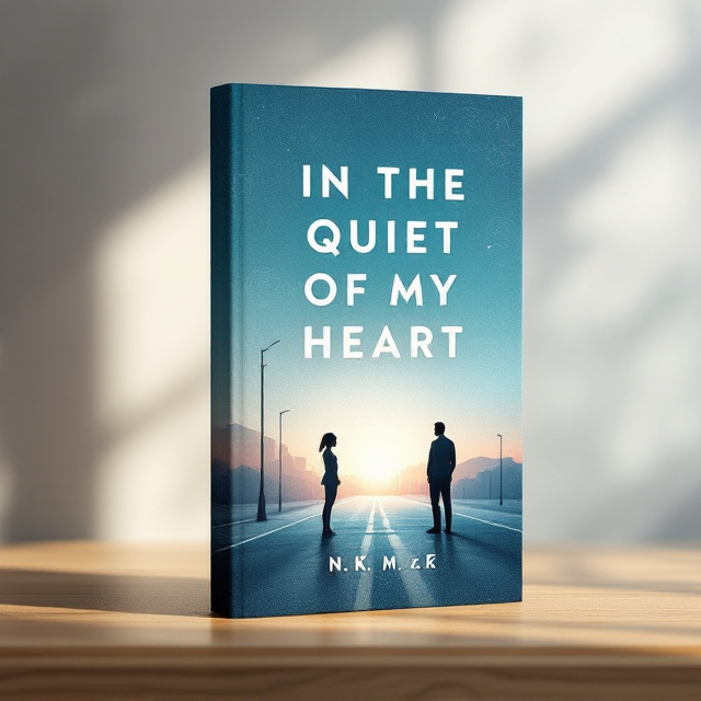The cover features a soft minimalist design. A quiet Lagos street corner is visible, drenched in dawn's cool, pale blue light with hints of peach and blush on the horizon, symbolizing hope. Silhouettes of a young woman and a man are positioned, standing apart on opposite corners of the street, indicating emotional distance. Subtle swirling patterns in the foreground represent the chaos of her internal struggles and the city noise. The title "In the Quiet of My Heart" is at the center, with soft texture gradients in a warm white color, blending into the backdrop gently.