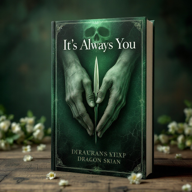 The cover features a dark green textured background reminiscent of aged, crumbling walls. A pair of hands, one masculine and one feminine, are seen intertwined, with a scalpel subtly pressed between their palms — a symbol of both intimacy and danger. In the background, the faint outline of a skull is subtly blended into the design. Dragon snap flowers, tinged with shades of green and pale white, frame the bottom corners of the cover, adding a contrasting delicate yet ominous touch.