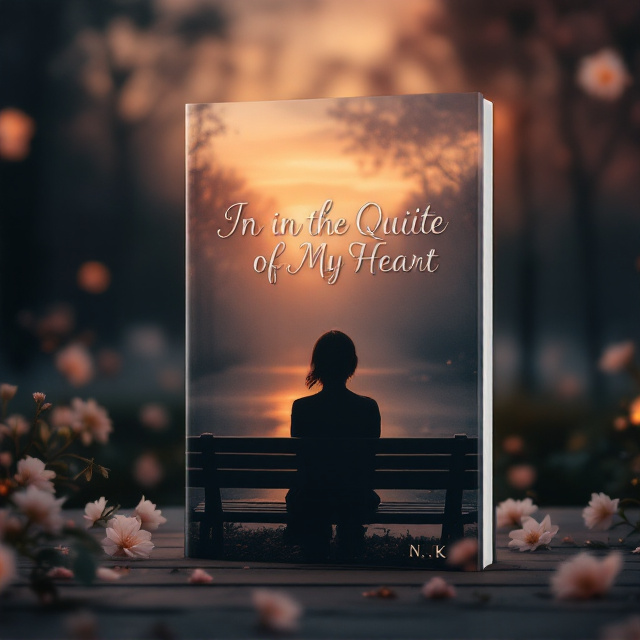 A melancholic yet tender atmosphere dominates the design. The foreground features a silhouetted image of a young woman sitting on a quiet, empty bench in a park at dusk. Her shoulders slouch slightly, conveying emotional vulnerability. The backdrop has a hazy sunset streaked with warm oranges, pinks, and purples, hinting at both heartbreak and hope. Around the edges of the cover, there are scattered, soft blooming flowers fading into the background, symbolizing healing despite pain. The title is displayed prominently across the middle, bisecting the scene seamlessly.