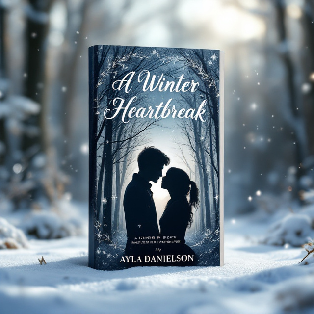 A serene forest scene during winter serves as the background, with snow softly falling. In the center of the cover, there is a captivating silhouette of a boy and a girl locked in a tender kiss. The forest trees surround the couple in a circular clearing, creating a magical, intimate vibe. The snowflakes glisten subtly, made shimmery for a romantic effect. A soft gradient of twilight blues and whites enhances the cold yet heartwarming romantic atmosphere.