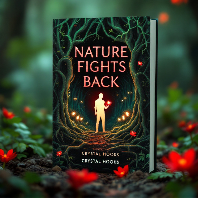 The cover features a dense, dark forest overrun by intertwining roots and vines seemingly coming to life. A pack of glowing eyes from hidden animals peers through the foliage, creating a suspenseful and eerie effect. In the foreground, a lone human silhouette stands defensively, clutching a glowing red flower, symbolizing hope amidst danger. The background showcases a dimly lit, stormy sky with streaks of lightning, emphasizing the thriller element.