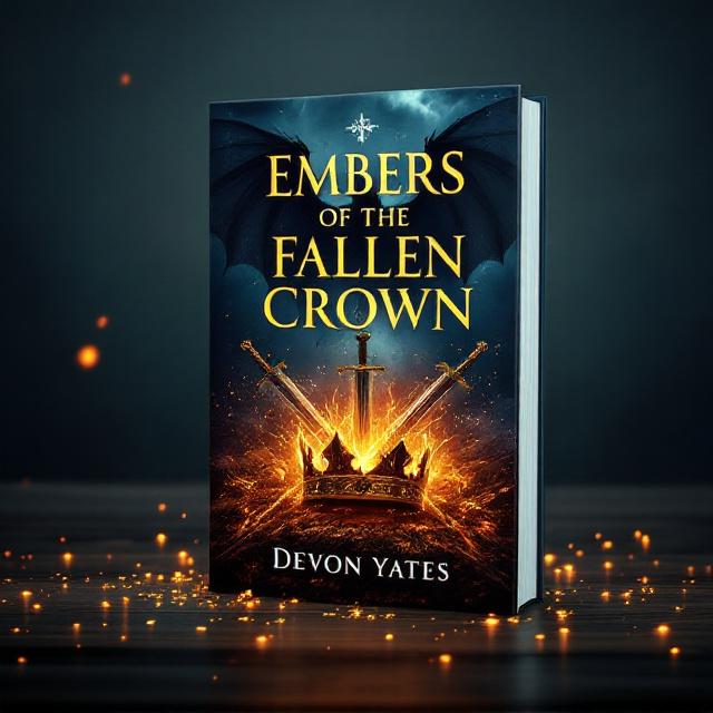 The cover features a glowing, fractured golden crown lying amidst glowing embers and ash. In the background, a shadowy silhouette of a majestic dragon rises, wings outstretched, against a stormy sky. Two crossed swords, sleek with intricate engravings, are placed at the bottom of the crown. Faint, otherworldly fae figures shimmer ethereally on the edges of the cover, blending into a mystic forest scene that appears as though it’s dissolving into the embers. A rich color palette of deep midnight blues, fiery golds, and glowing reds dominates the cover, creating an epic and suspenseful atmosphere.