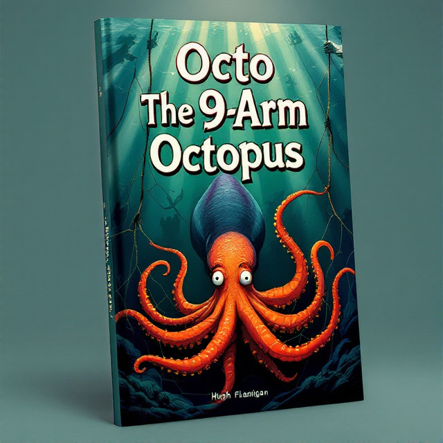 The cover features a dramatic underwater scene. Octo, a bright orange octopus, is tangled in a fishing net, his 9 arms splayed out and struggling. Above him, the surface of the water shows faint rays of sunlight peering through. A large, menacing squid with dark shades of gray and purple hovers in front of him, looking ominous and intimidating. Human hands are shown pulling the net upward, hinting at danger. The ocean background is a mix of dark green and navy blue tones, creating an intense, suspenseful atmosphere.