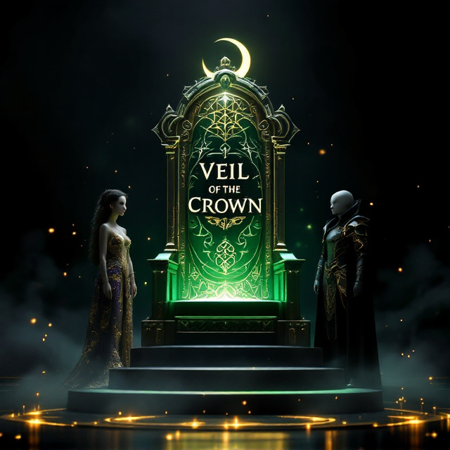 A dark, black background with a glowing gold-and-green jeweled throne at the center. Two faceless women flank the throne. The woman on the left wears an intricately detailed gold and purple dress, with a slight shimmer effect, while the woman on the right is clad in matte black and gold armor. The surroundings are shrouded in mist and faintly glowing magical runes swirl in the foreground. A crescent moon is subtly engraved on the back panel of the throne to evoke mystery. The lighting casts dramatic, shadowy highlights, creating a luminous, ethereal effect.