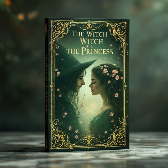 The cover features the witch and the princess standing face to face, their closed eyes radiating an air of mystery and connection. Vines with delicate, entwined small pink flowers begin growing upwards from the base of the characters, wrapping slightly around their arms and torsos. The background is a textured, deep forest green gradient that transitions into lighter, ethereal shades of green at the edges to create a glowing, dreamy effect. The border of the cover is adorned with faint swirling patterns resembling ancient folk art, giving it a vintage and enchanted feel.