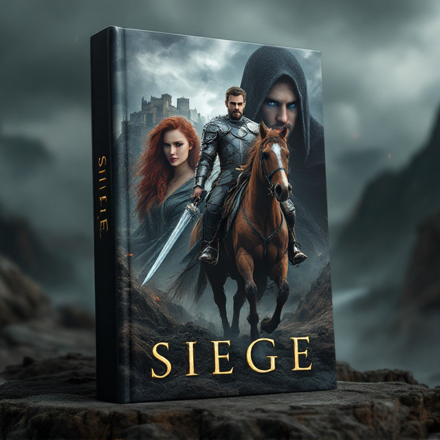 A stormy, overcast backdrop with a vast escarpment dominating the lower half of the cover. In the foreground, a bay horse stands gallantly, with a soldier resembling King Arthur (Clive Owen inspiration) on its back in armor, holding a sword pointed down. Behind him, slightly to the left, stands a determined red-headed woman in a flowing cape, her hand gripping a dagger at her waist. On the right side, looming in the shadows, is a dark hooded warrior with one blue and one brown eye, his mysterious stare piercing through the darkness. The distant background reveals a majestic but intimidating castle perched atop rugged cliffs overlooking a water dam. The composition is framed in black with subtle shadow gradients to emphasize the somber and intriguing tone.