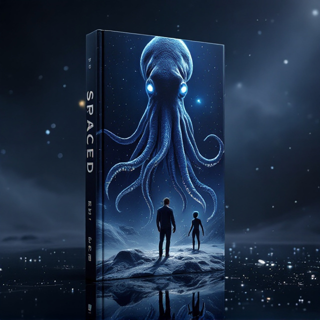 A large, dark, and ominous backdrop of outer space dominates the scene, blending deep blacks with hues of dark blues and purples. The giant squid, illuminated by faint starlight, hovers in zero-gravity, its tentacles reaching outward as though searching. One of its glowing eyes adds an eerie focal point. Standing in its shadow, a fearless 40-year-old man, rugged with hints of gray, stares resolutely at the creature. Beside him, the alien with three arms looms, its silhouette slightly exaggerated with sharp features and glowing markings. A 22-year-old blond man stands to the side, appearing nervous but ready, clutching a futuristic weapon.