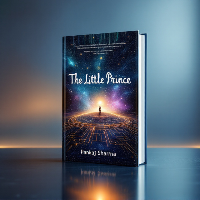 A sleek and modern design features a central image of a small, glowing planet symbolizing “The Little Prince," surrounded by futuristic technological elements like circuits, swirling data streams, or quantum grid patterns. The background is a galaxy of deep blues and purples with streaks of neon green and silver, evoking a sense of curiosity and exploration. Small constellations are included, blending the innocence of a prince from a far-off planet with cutting-edge technological innovation.