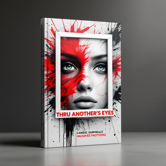 The cover depicts a pair of striking, surrealistic, and slightly abstract eyes, half of the face dissolving into red hues and expressive brushstrokes to convey emotion. The eyes seem to be gazing outward, as if trying to see life from another angle, and behind them is a translucent white frame representing a window or alternate perspective. Splashes of black strokes encircle the eyes, adding intrigue and depth.