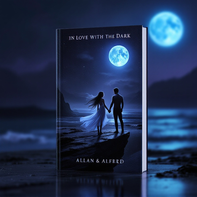 A dark, ethereal cover set at night, with a dramatic dark purple sky that fades into black at the horizon, illuminated by a large, glowing blue moon in the top-right corner. The moonlight bathes the scene below in a haunting glow. A teenage couple stands hand in hand at the very edge of a jagged beach cliff. The girl’s long hair flows in the wind, subtly blending into the night sky, making her appear ethereal and ghost-like. Her body has no shadow cast, further emphasizing her supernatural presence. The young man stands beside her, his muscular build grounded by a clear shadow stretching toward the cliff. The sea below reflects the blue moon, but its shaky reflection is blood-red, creating a chilling contrast. Subtle details, such as faint clouds dissipating around the moon and ripples within the water, add depth.