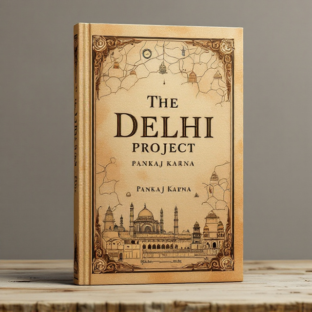 A sepia-toned vintage map of Delhi acts as the background, overlayed with intricate line art of historical monuments like Qutub Minar and Red Fort. Subtle brushstroke-like textures frame the corners, giving an artistic touch. A faint, faded effect is applied to the map to highlight the typography and designs in the foreground.