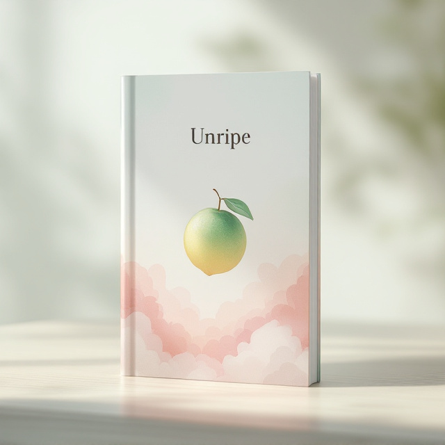 A stark, minimalist design featuring an abstract, soft-focus watercolor painting of an unripe fruit suspended in a dreamy, pastel-toned sky. The fruit appears hazy and slightly translucent, surrounded by a gradient hue that transitions from pale green to blush pink, evoking a sense of unfinished growth and mystery. The background remains light and airy, with fluid, cloud-like textures enveloping the design.