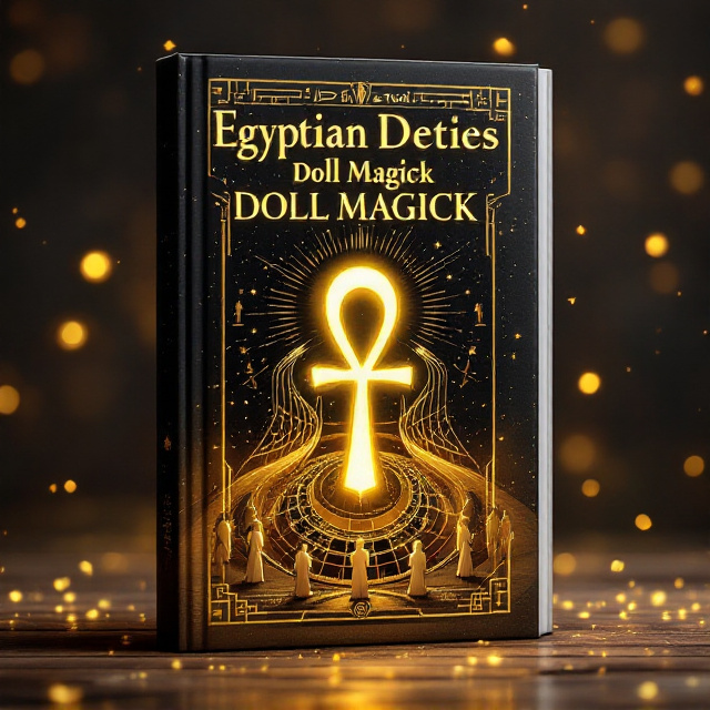 A central glowing Ankh symbol surrounded by ethereal, golden light. This is set on a backdrop of a star-filled night sky blending into faint hieroglyphics and intricate patterns from ancient Egyptian art. At the bottom, dolls resembling Egyptian deities (e.g., Ra, Anubis, Isis) are subtly positioned, their small but detailed forms glowing faintly as if enchanted.