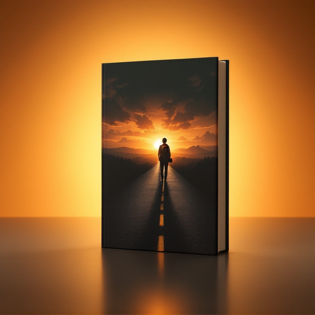 A lone young man stands with his back to the viewer, walking away on a dark, shadowy road that stretches diagonally across the cover from the bottom left to the mid-right. The road gradually fades into a glowing horizon of golden-orange light, symbolizing hope and a new beginning. The figure, wearing a simple, modest outfit, carries a worn backpack and clutches a tattered book in his left hand. Behind him, ghostly shadowed faces of a woman (his cunhada) and other indistinct figures (falsos amigos) are faintly visible emerging from the darkness, representing past pain and betrayal. Above the horizon, the sky is vast, with heavy clouds parting dramatically to reveal a soft orange-pink glow. A single divine light beam descends from the heavens onto the young man, emphasizing divine guidance.