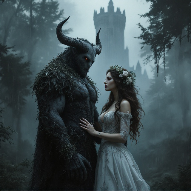 A misty, haunting forest fills the background, rendered in deep shades of gray and black, with thick fog rolling through the dense trees. A tall, ancient castle coated in ivy looms in the distance, barely visible through the mist, adding a gothic allure. In the foreground, the heroine stands wearing an exquisite white wedding dress with accents of black lace, her wavy hair crowned with a mix of flowers and sharp, thorny vines. Beside her is the "beast" — a towering, imposing figure with large, curved horns, glowing eyes, and a formidable, muscular presence. He gently rests a hand on her shoulder, creating a striking tension between his intimidating aura and tender gesture. The rain cascades down, making the entire scene vivid and adding movement to the cover.