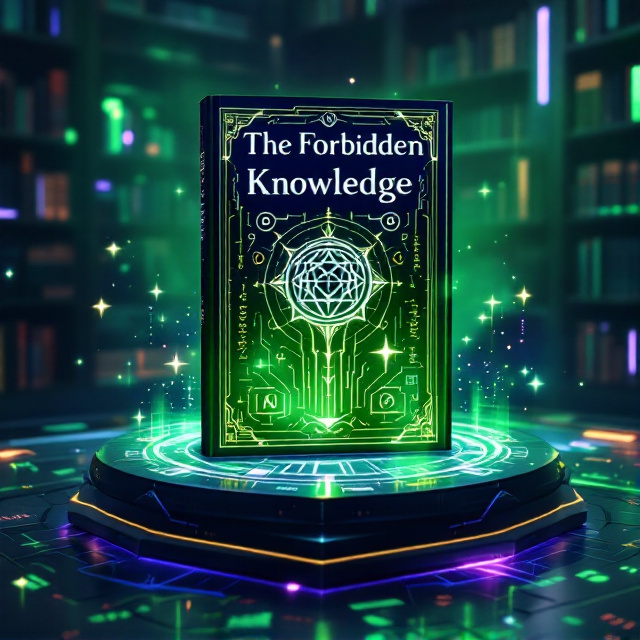 An open grimoire hovers prominently in the center, emitting a glowing green and purple aura blending seamlessly into the digital altar beneath it. Floating in mid-air above a sleek, futuristic platform, the altar is encased in holographic projections of rotating runes, glowing circuits, and flashing lines of code snippets with highlighted diffs appearing as swirling magical spells. The background is a dimly lit digital arcane library lined with glowing book spines and intricate patterns of neon runic displays. The overall color scheme leans on an ethereal green and purple gradient, creating a sense of mystery and thrill.