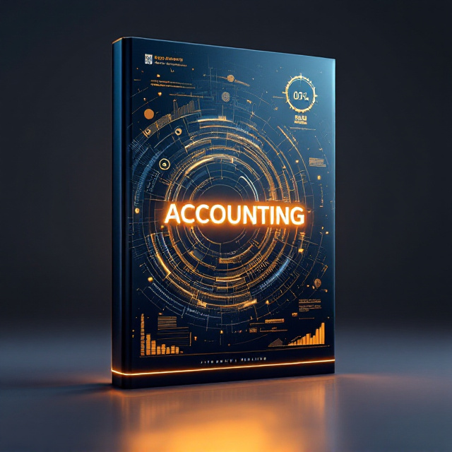 Create a realistic 3D mockup of a standing book titled "《三维动态会计元素封面设计》" displayed on a sleek, reflective surface with soft ambient lighting. The dynamic data flow background dominates the cover with a golden spiral structure created using glowing gradient lines that radiate a sense of movement and energy, tying seamlessly into an array of semi-transparent, gradually appearing data visualizations like column charts, cash flow arrows, and hovering currency symbols (₿€¥). The deep-space blue (#0A2342) to champagne gold (#C5B358) gradient provides a regal, modern vibe, amplifying the sense of innovation and professionalism. The title “ACCOUNTING” appears prominently in the central zone, designed as a 3D floating text with sharp edges and reflective surfaces that catch the light from the softly glowing background. On the bottom of the mockup, a glowing interactive timeline runs horizontally with luminous nodes marked by historical career milestones, adding a futuristic touch. A gold radar skill chart is embedded in the top-right corner of the cover and gently illuminated, while a QR code subtly embossed with a modern tracery grid decorates the lower-right area, perfectly blending functionality with design.

For the typography: The primary title, “ACCOUNTING,” adopts the bold and sleek Adobe Clean Bold font, tilted at a 5° slant with refined details like a left-side warm gold light and a sharp cool blue reflection on the right for a high-tech finish. The subtitle, “Professional Portfolio,” flows gracefully in an elegant metallic gold hand script, symbolizing sophistication and expertise, and complements the futuristic vibe of the mockup. Intricate, banking-security-inspired fine text overlays the design as a faint detail layer, contributing to a sense of depth and meticulous complexity.

The presentation enhances the book cover design by situating the book against an abstract backdrop—a gradient wall softly lit with complementary hues of navy and gold, matching the cover's scheme. The composition positions the book slightly off-center on the horizontal surface, with a shadow cast behind it to emphasize its presence. Text elements remain crisp and prominent for easy readability, while all environmental elements amplify the futuristic, professional look.

The area where the author’s name typically appears is left intentionally blank, maintaining an uncluttered aesthetic. All intricate details of the design—from the spiral gradient to the transparent data overlays, glowing nodes, and skill charts—are accurately and vibrantly depicted to create a visually striking representation of the book mockup.
