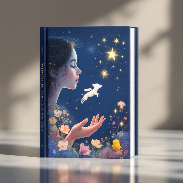 A visually striking midnight blue background adorned with softly glowing stars. In the upper left corner, a delicate, golden frame encases a serene girl's profile, her face tilted slightly upward as if in quiet contemplation. In the lower right corner, two elegantly rendered, luminous hands reach for each other, symbolizing connection and balance. A whimsical white dog is seen flying upwards toward a gleaming star in the sky, trailed by a colorful, almost ethereal jellyfish, a small golden scorpion, a radiant caterpillar, and a bright yellow chick. On the back cover, a gnarled tree with twisted branches holds countless panes of sea glass—each catching the light like fragments of memories or emotions.