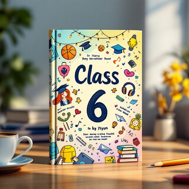 The cover bursts with vibrant hand-drawn illustrations of school memories and everyday objects set against a lightly textured, pastel background that transitions between soft blues and yellows. Around the bold title “Class 6” in the center are whimsical doodles, like caps and gowns, a prom couple under glittery string lights, a floating basketball, scattered books, a paper airplane mid-flight, headphones emitting playful music notes, cafeteria trays, and worn sneakers. Each object features highlights of bright colors. Surrounding the illustrations are dynamic, curving lines showcasing punchy phrases like “Group Project Chaos,” “Spirit Week Madness,” and “Cafeteria Legends” that seamlessly blend with the imagery to add mood and motion.