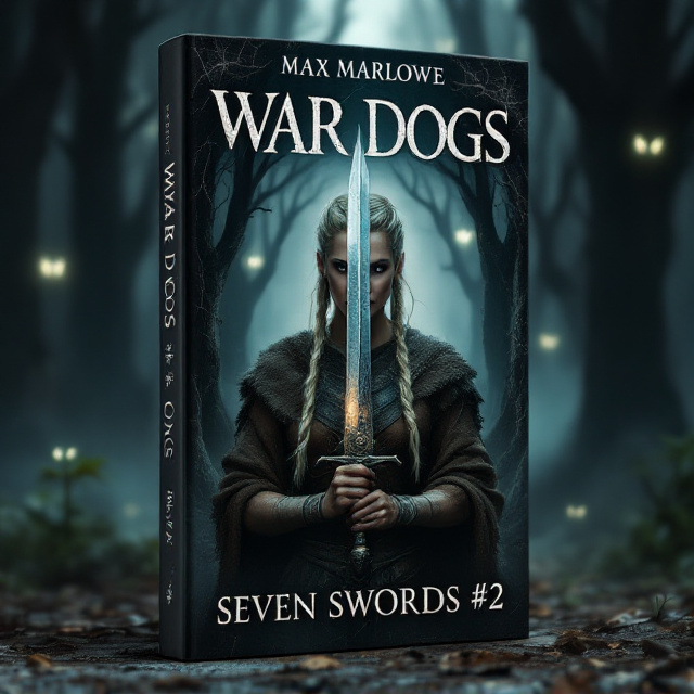 A blonde Viking woman with intricate braids, wearing a weathered brown tunic, stands at the forefront wielding a gleaming sword. Her expression is fierce and determined. She is illuminated slightly by a pale, eerie light shining through the thick, shadowy trees in a dark forest. The forest is suffused with mist, and in the background, faint glowing eyes of unseen creatures are visible, adding a chilling touch to evoke fear and brooding. The scene features a muted color palette dominated by blacks, deep greys, earthy browns, and hints of pale blue for contrast.