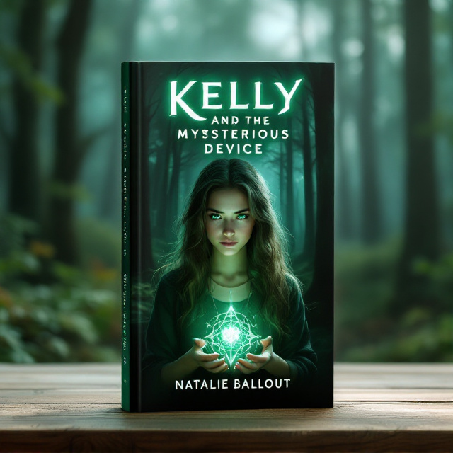 A teenage girl with striking green eyes stands in the foreground of a dark, enchanting forest. The forest features tall, shadowy trees with soft streams of moonlight filtering through the branches. In her hand, she holds an intricately shaped metallic device that glows softly, casting an otherworldly aura on her face and surroundings. The color palette features deep greens, cool blues, and hints of silver, creating a calm yet mysterious atmosphere.