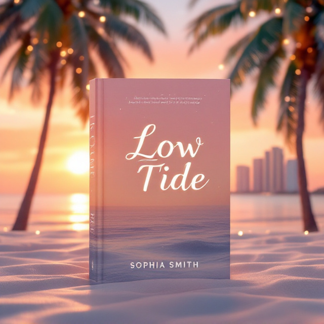 Sunset background with a gradient of pinks, oranges, and golds. Silhouettes of tall palm trees in the foreground, slightly swaying against a soft summer breeze. On the right side, a hint of tall, colorful, pastel-shaded buildings. A vista of a glowing ocean beneath the sunset reflects the magic of romance. There are faint glimmers of glowing fairy lights hanging between two distant palm trees, giving off a warm and inviting tone.