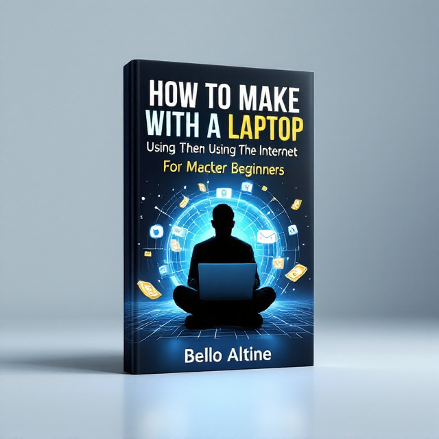 A human silhouette sitting cross-legged on the floor with an open laptop on their lap, surrounded by a soft glowing circle of icons symbolizing internet connectivity (wifi signal, email, browser, currency signs, etc.). Dollar bills subtly float upward, transitioning into a network matrix that blends into the title background. The colors are primarily in shades of blue (for technology and trust), complemented by gold accents (for money and value), and hints of green (for growth and prosperity). The background has a gradient effect transitioning from dark blue at the top to light blue at the bottom to signify advancement and learning.