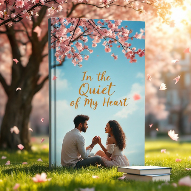 A young black couple is sitting under a blooming cherry blossom tree on a lush green campus lawn. The couple is close—hands almost touching but not quite—conveying a mix of emotional distance and longing. The background depicts a serene blue sky with faint clouds and sunlight casting a warm golden glow. Around them, soft petals of flowers float gently in the air, symbolizing love, fragility, and renewal. A few books are scattered near them to ground the scene in a university setting.