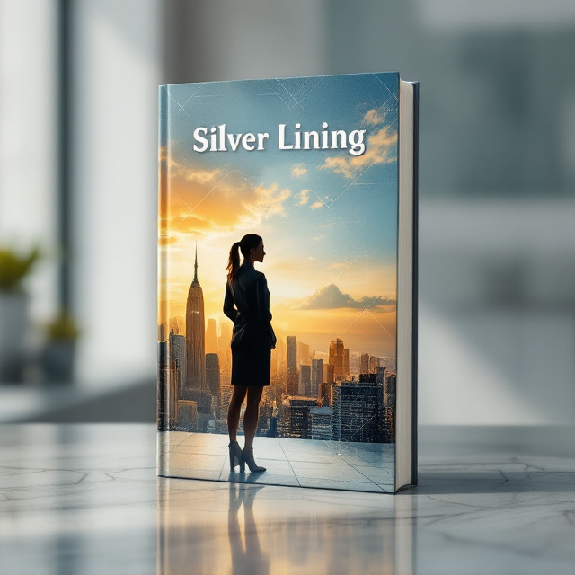 A silhouette of a determined and confident businesswoman standing against a backdrop of a vibrant cityscape, symbolizing ambition and leadership. The sky behind her shows a gradient transition from silver to golden hues, portraying the "silver lining" aspect. Subtle geometric patterns, such as modern minimalist lines, overlay the background to convey professionalism and modernity. The overall color palette revolves around shades of silver, soft gold, and monochrome with accents of muted blue.