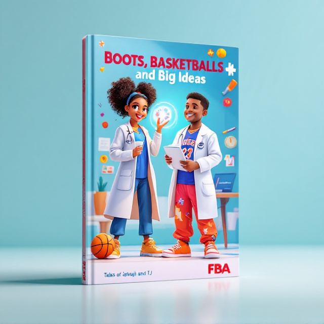 Jekayla and TJ are illustrated in a playful and vibrant animated art style and placed at the center of the cover. Jekayla, with her white doctor’s coat, oversized clipboard, and curly pigtails, smiles brightly, while TJ stands tall beside her in an NBA jersey-inspired outfit, his basketball glowing slightly to emphasize energy. The background splits equally the left side resembles a lively, cartoonish doctor’s clinic with oversized, colorful medical icons like syringes, charts, and heartbeats, while the right side features a vibrant basketball court with dynamic cheering crowds and hoops. The art is bold, rich in vibrant colors like purple, gold, and teal, with an overall energetic and witty atmosphere.