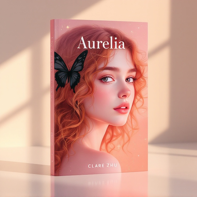 A close-up, painterly rendering of the young teen girl's face dominates the center of the cover. Her curly ginger hair flows softly out of focus near the edges of the frame. Her pale complexion is illuminated in a warm pink hue that gradients into the surrounding backdrop—a dreamy sky featuring muted pink and coral tones with subtle golden sparkles. A black butterfly perches delicately on her shoulder, contrasting against her glowing skin. The lining on the edges of the cover is unevenly hand-drawn, giving a whimsical but elegant frame around the artwork, almost reminiscent of stained glass or brush strokes.